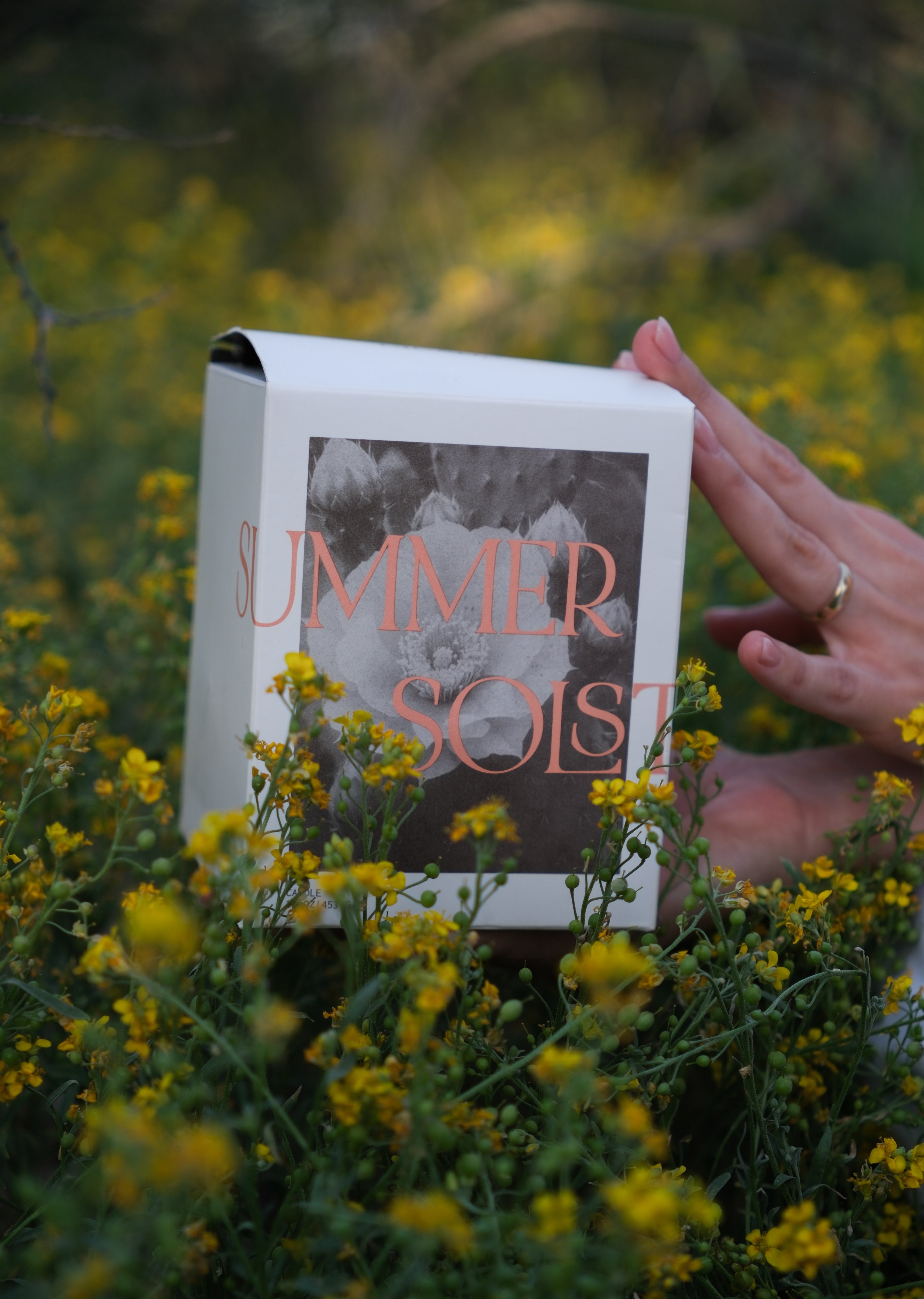 Image of hand holding summer solstice candle box in flowers