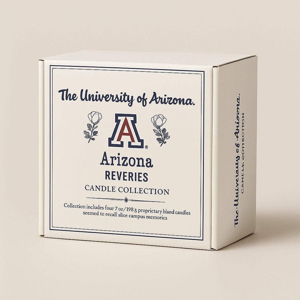 Box of Arizona Reveries candle collection from The University of Arizona on a beige background
