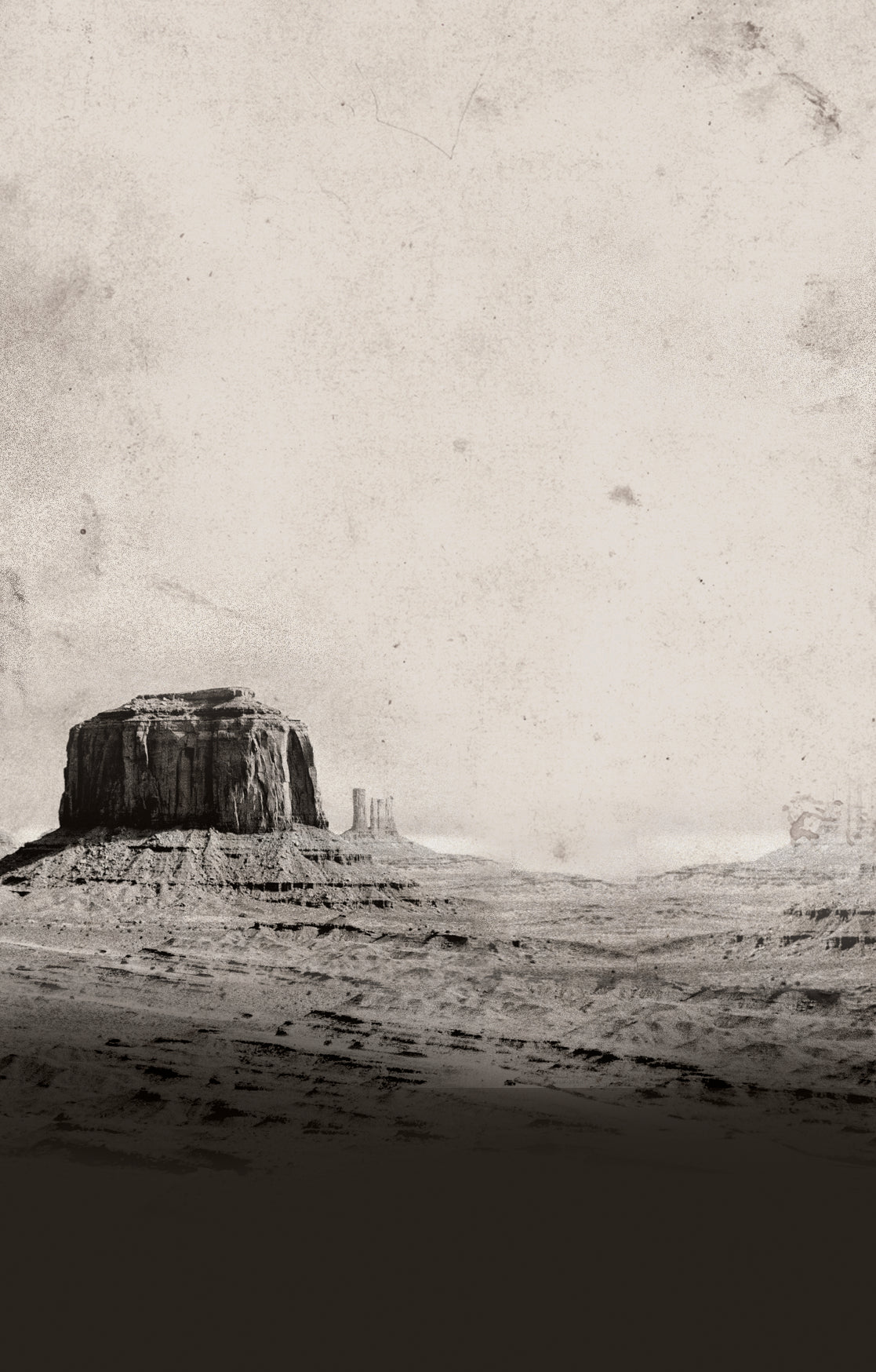 A sepia-toned landscape print featuring a large butte or mesa formation in a desert setting, with a textured vintage paper background and a dark horizontal band across the bottom.