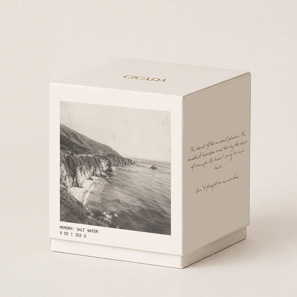 A cream colored candle gift box for salt water, featuring a black and white photograph of a coastal cliffside ocean scene on the front, with handwritten-style text on the side and gold 'CICADA' lettering on top, set against a warm off-white background.