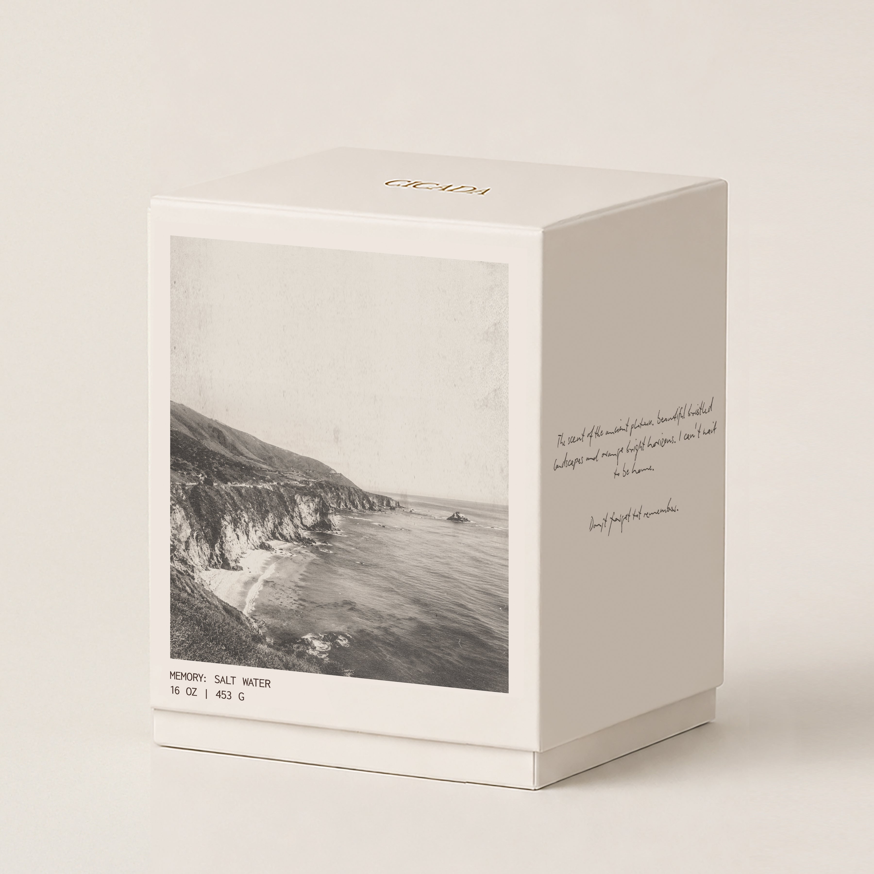 A cream colored candle product box with a black-and-white coastal photograph on the front, handwritten-looking script on the side, and the brand name 'CICADA' printed in gold on the top, photographed against a warm off-white background.