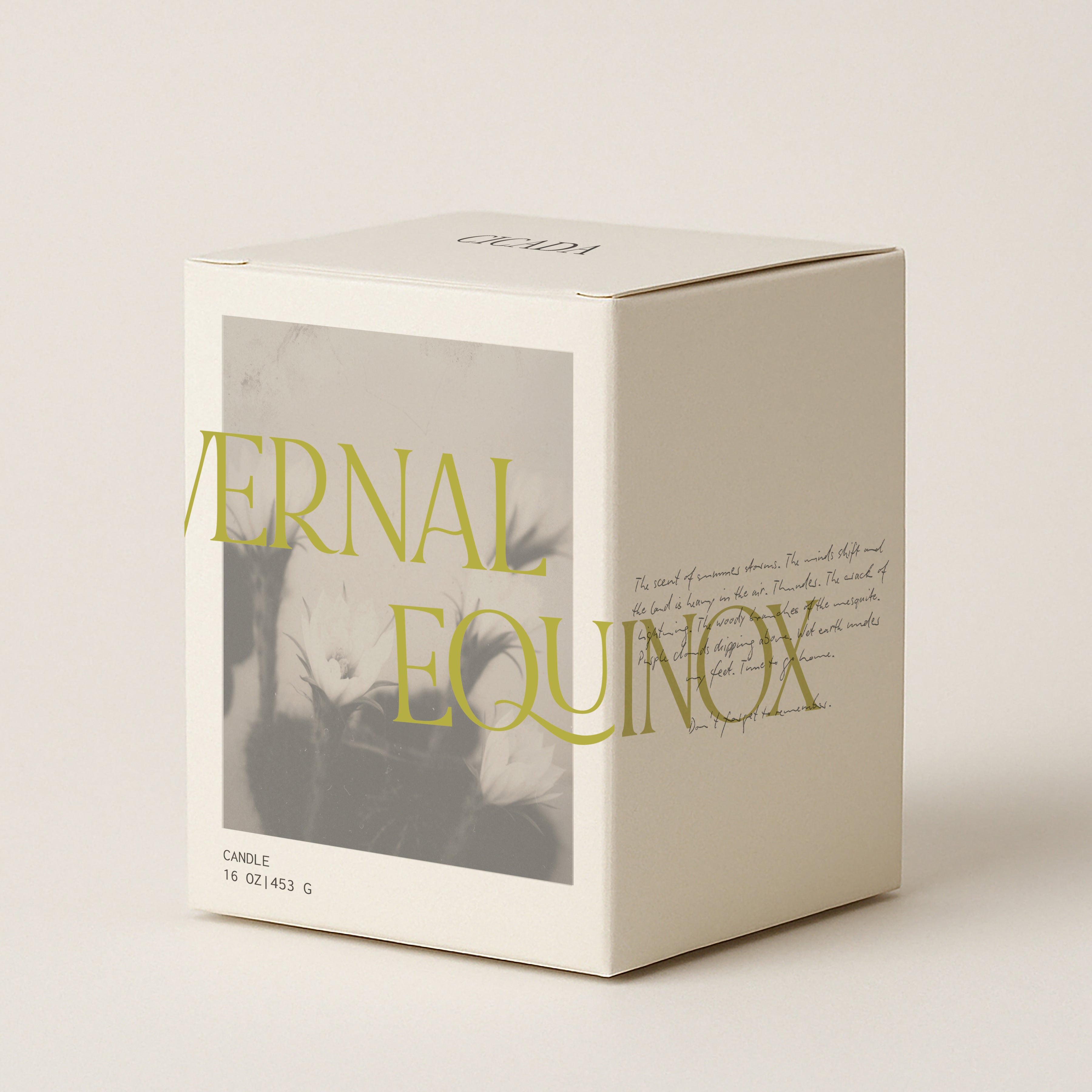 Candle box for Vernal equinox scent with black and white image and colorful text that reads Vernal Equinox