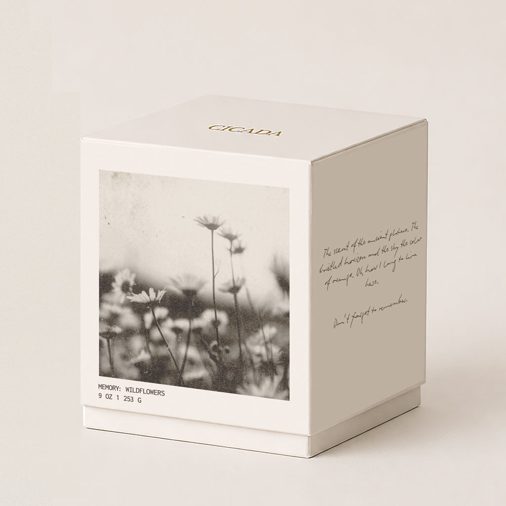 A square cream 9oz candle box with a black-and-white floral photo on the front, gold 'CICADA' branding on top, and handwritten-style text on the side, photographed on a warm off-white background.