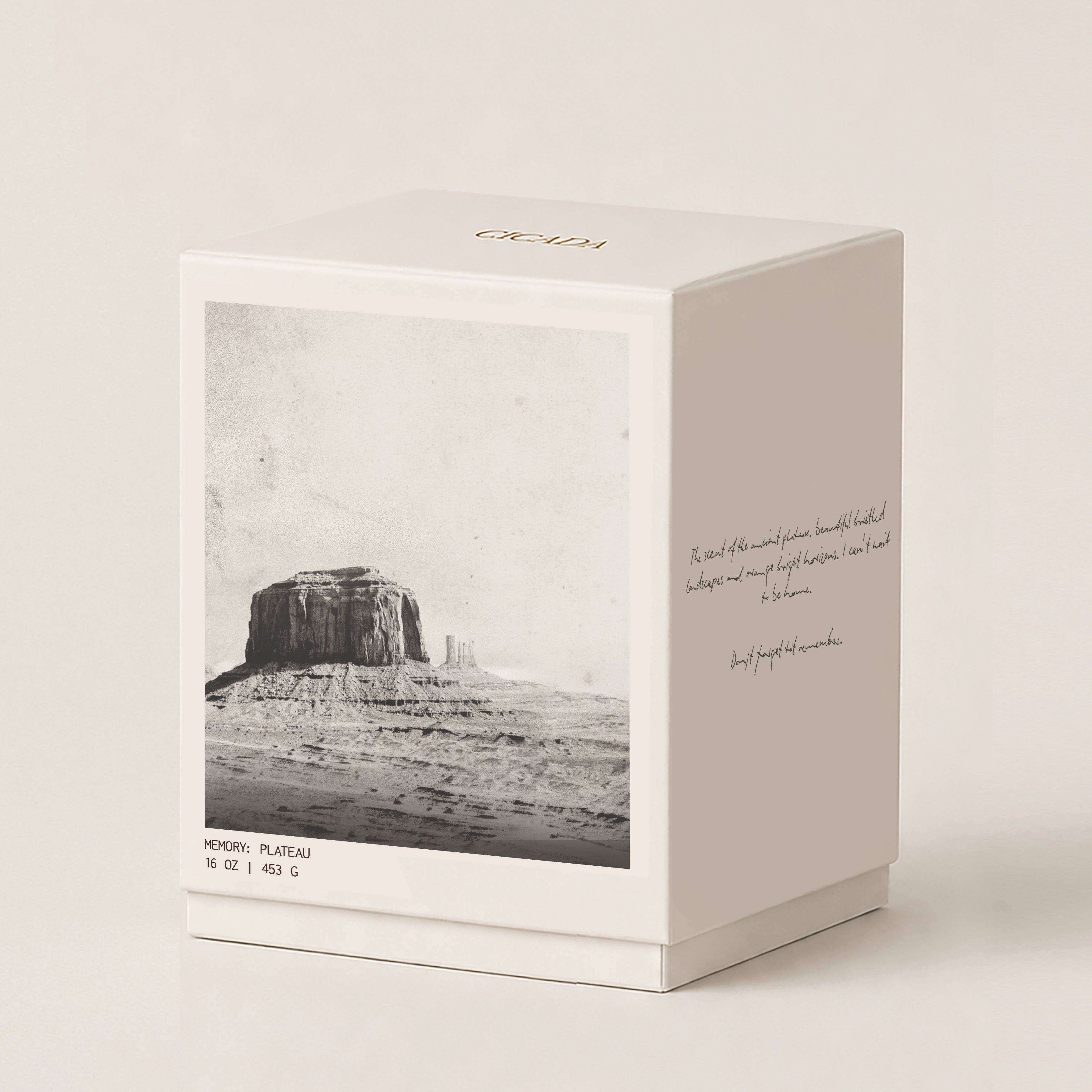 A square cream 16oz candle box with a vintage black-and-white landscape photograph of Monument Valley on the front panel, photographed against a warm off-white background. The top of the box is printed with the brand name 'CICADA'.