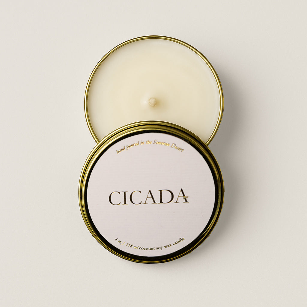 Candle in a tin with 'CICADA' branding on a light background