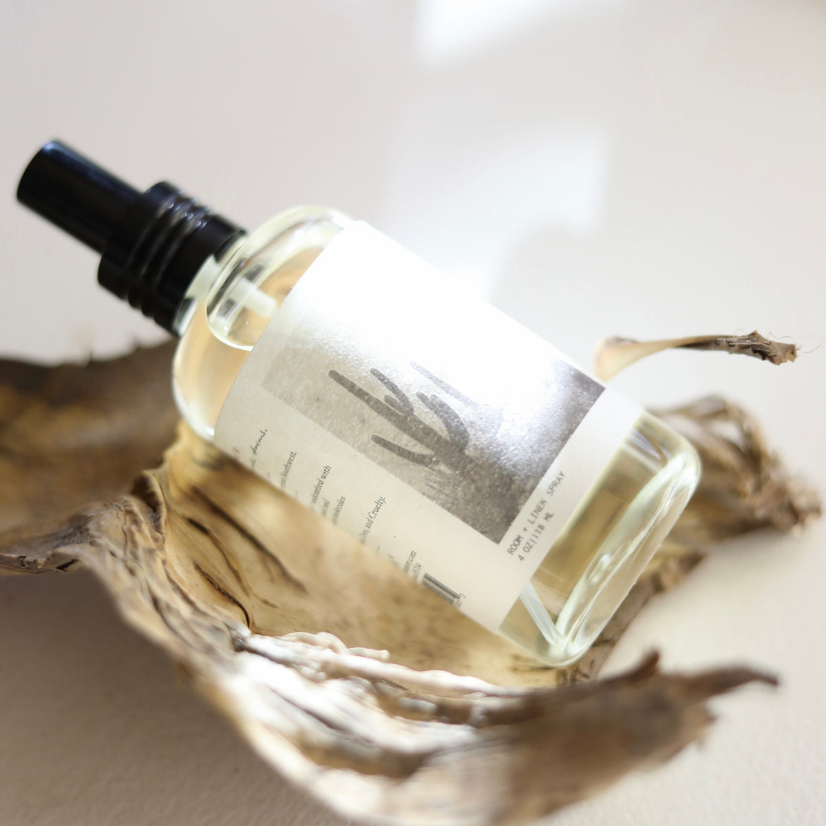 A clear glass spray bottle with a black nozzle and a white label featuring a black and white saguaro image, resting on a piece of weathered driftwood against a light beige background.