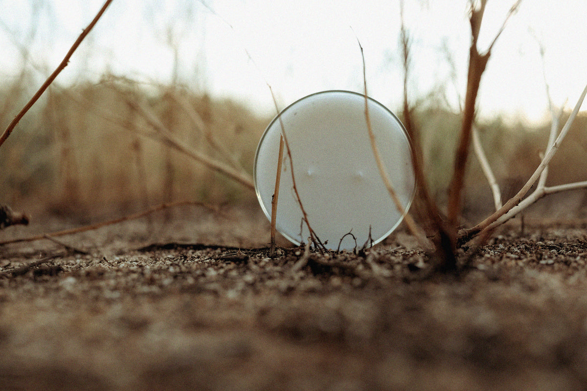 A round white candle with a clear glass container sits on dry brown ground surrounded by sparse branches in an outdoor setting.