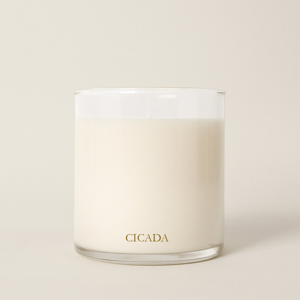 Product image of 16 oz glass vessel candle, off white colored wax, with gold brand name 'CICADA' written on it. Beige background in image. Candle is approximately 3.75" diameter x 4.125" high. Image has cream colored background.