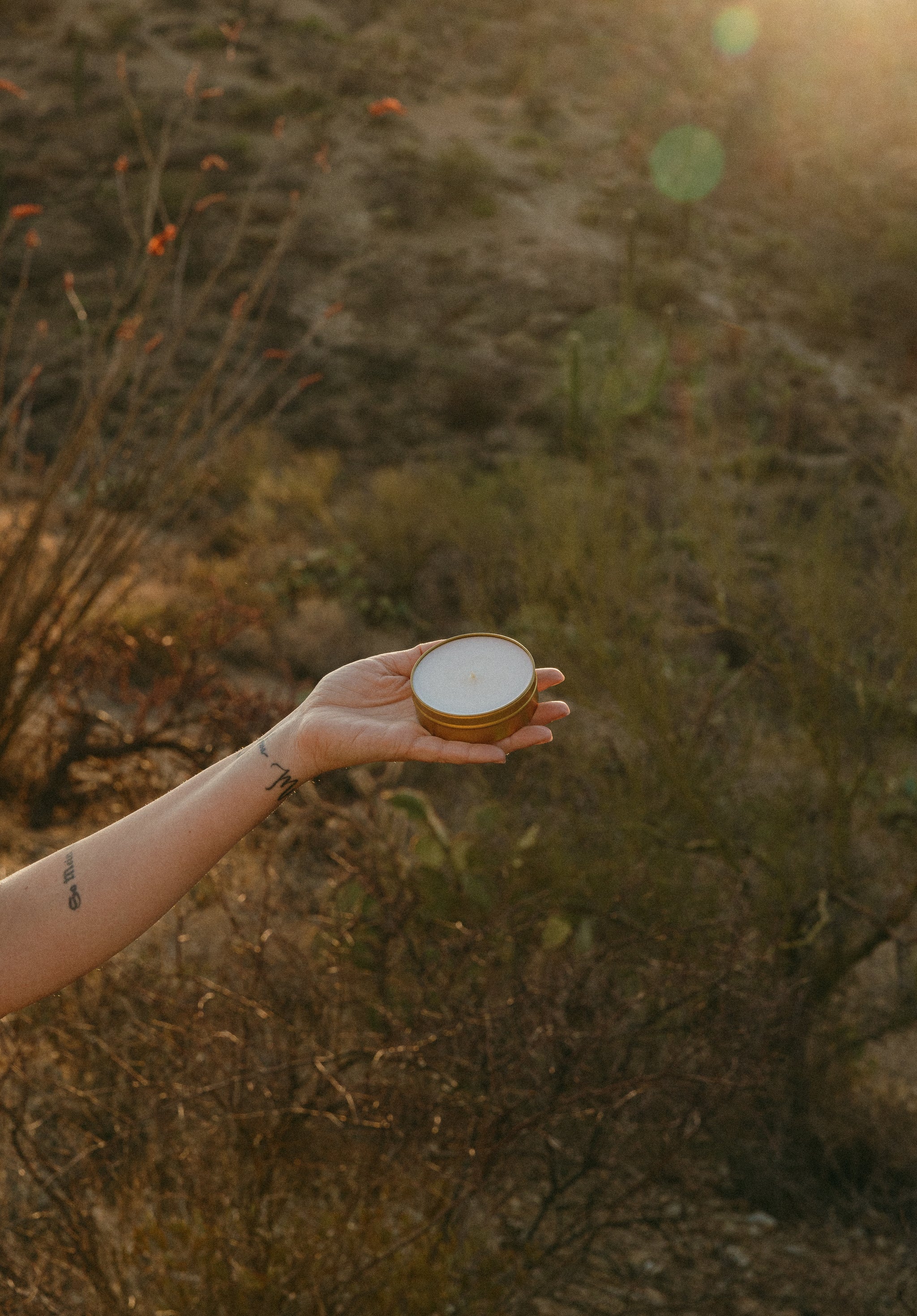 Lifestyle image of arm and hand holding 4 oz gold tin candle in a desert landscape setting.