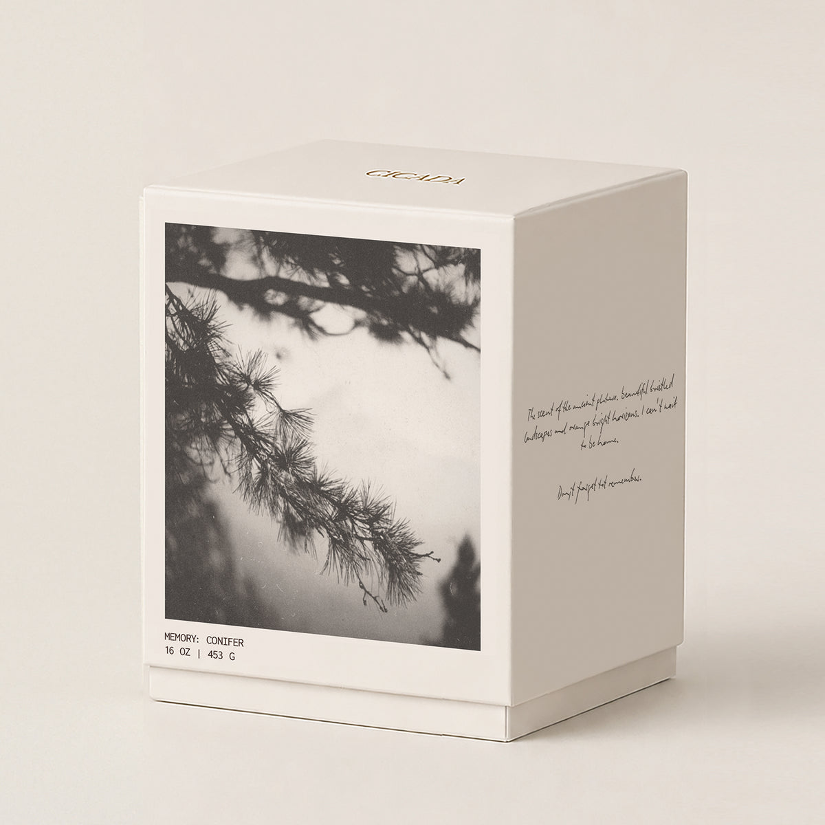 A cream product box with a printed black-and-white photograph of pine branches, set against a plain light beige background. The box has elegant gold lettering on top, along with handwritten-style text on the right panel.
