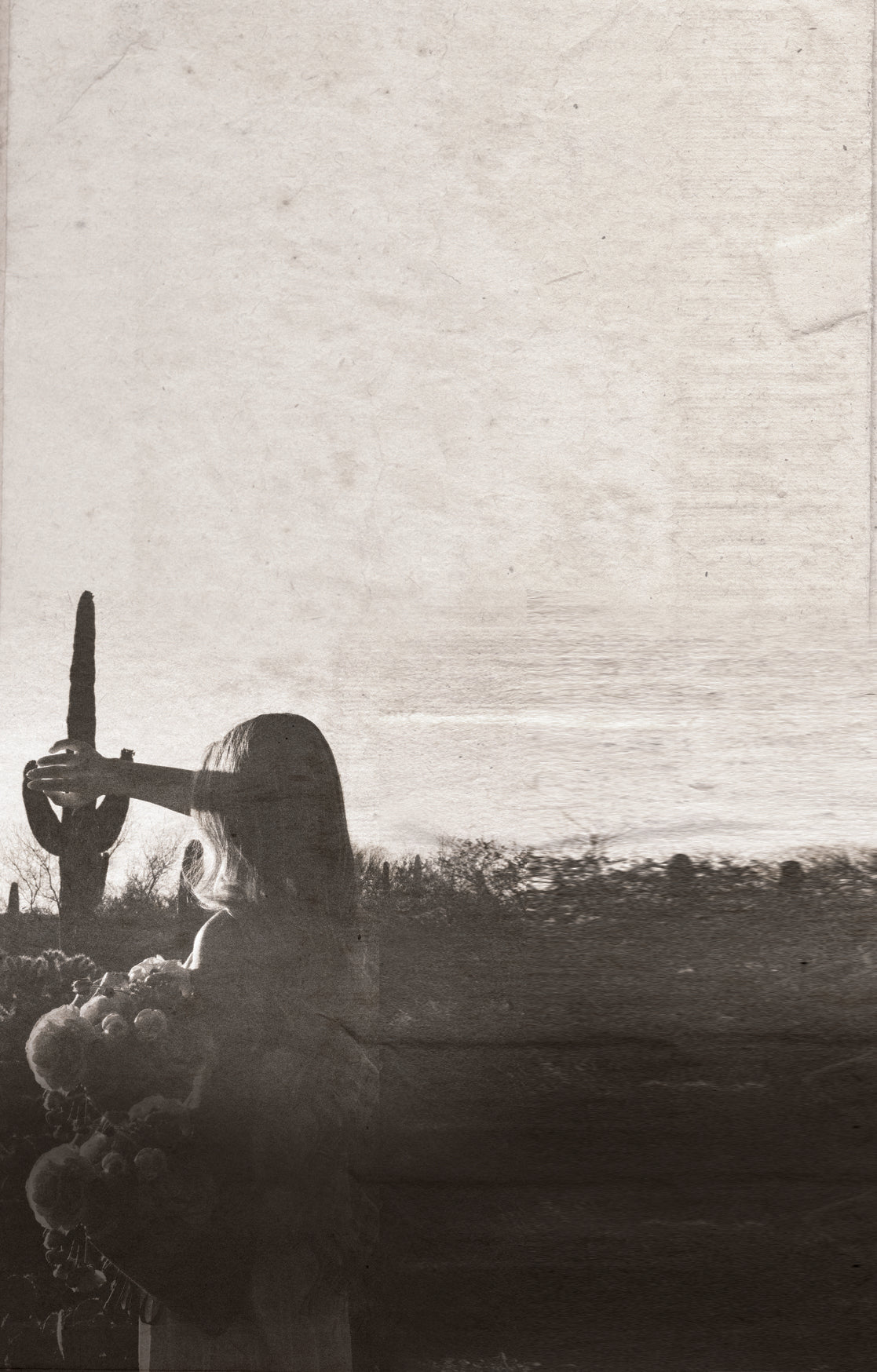 A sepia-toned artwork depicting a woman in profile holding a sword, with a dark landscape and a cactus in the background.