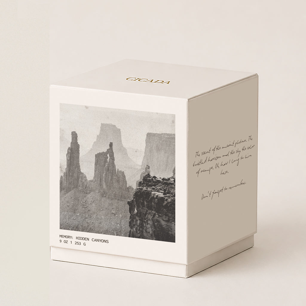 A square cream 9oz candle box with a black and white canyon landscape print on the front, photographed on a clean warm off-white background. The box is branded CICADA and includes handwritten-style text on the side.