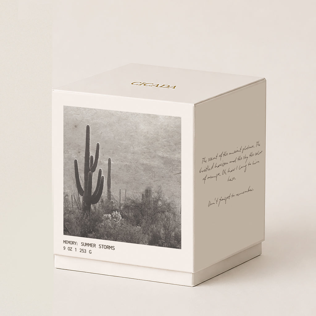 A square cream 9oz candle box with a saguaro cactus  photograph on the front, labeled 'CICADA' and 'MEMORY: SUMMER STORMS', photographed on a clean light beige background.