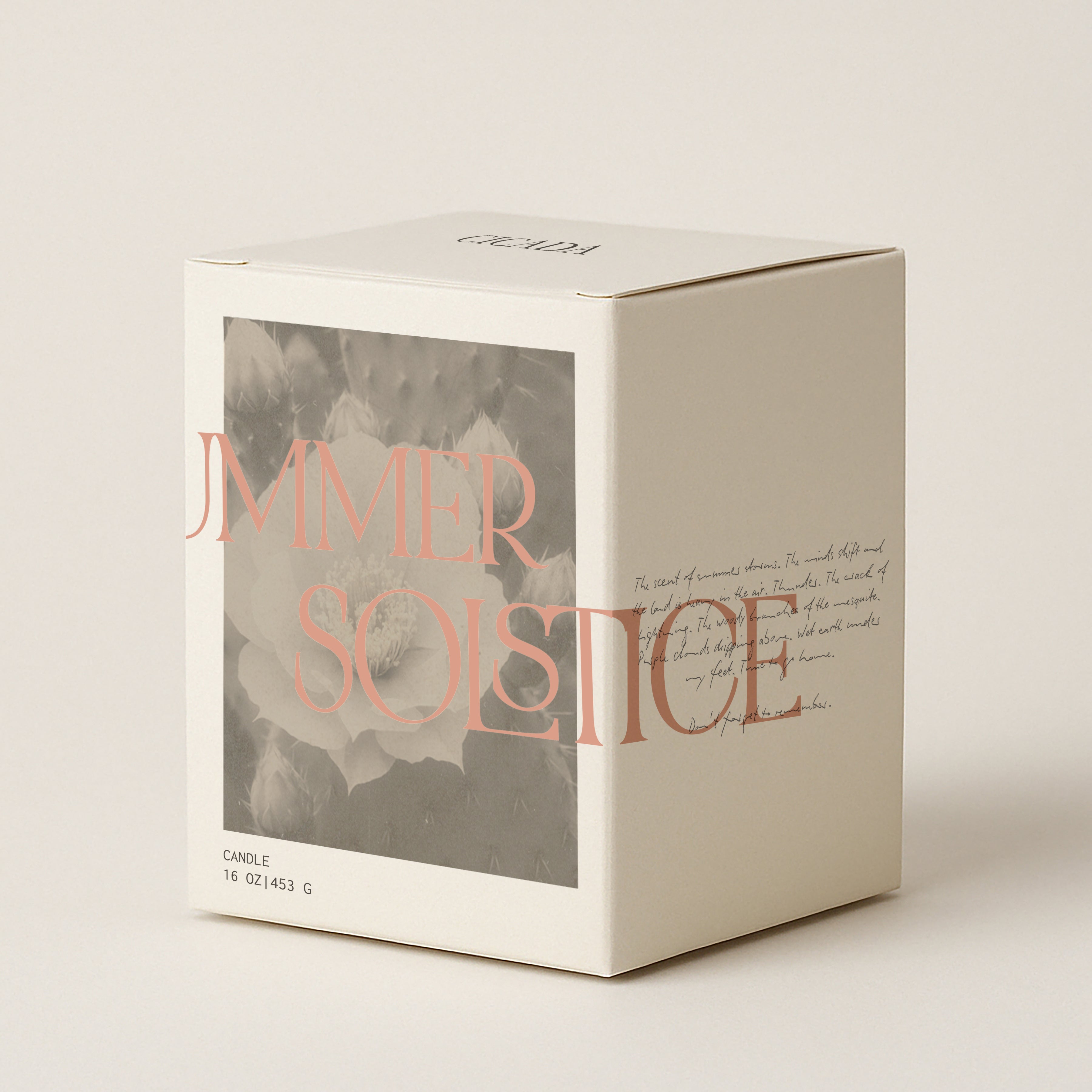 Image of Summer Solstice candle box. Black and white image and mauve colored text that reads Summer Solstice. 