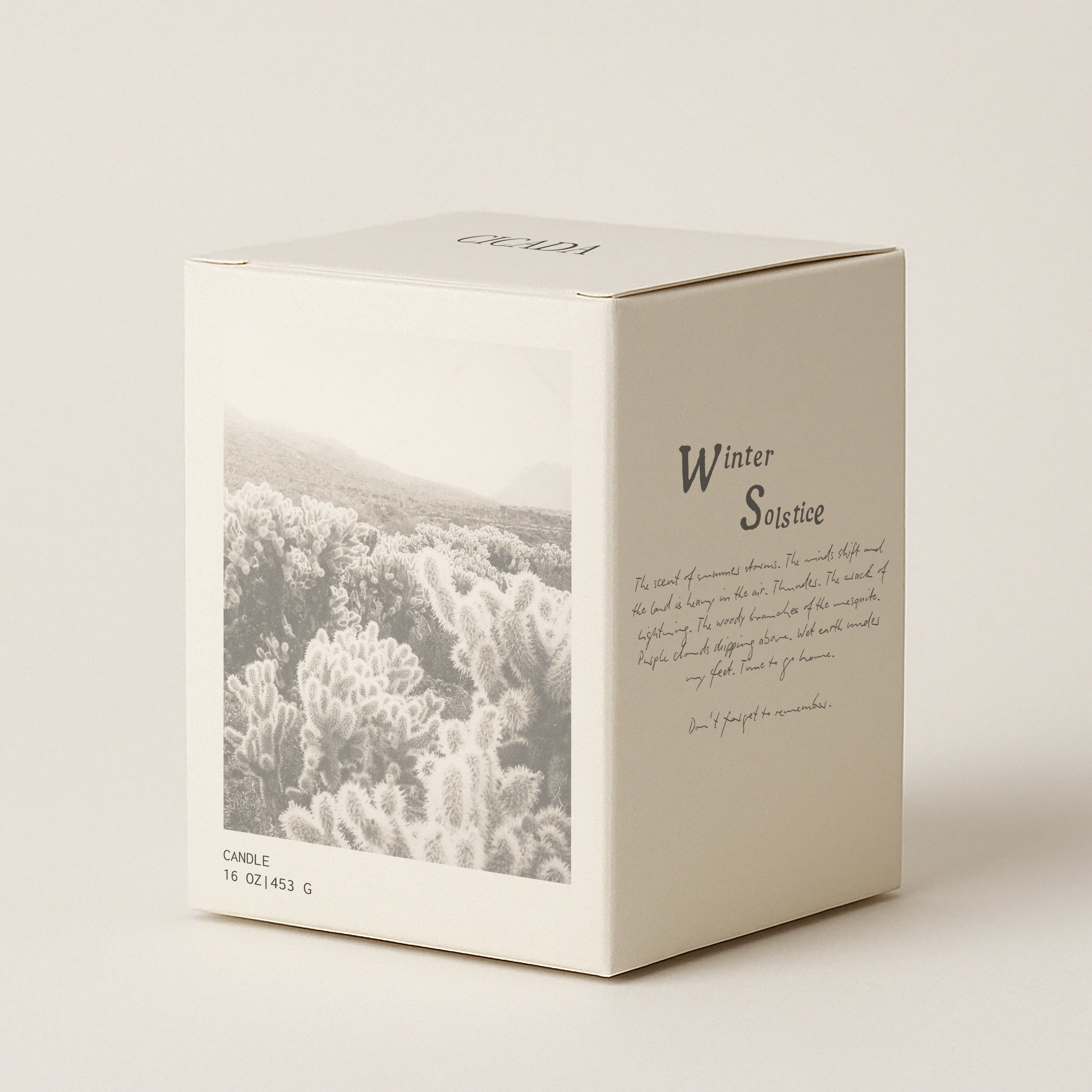Candle packaging with 'Winter Solstice' text and black and white image of a desert andscape.