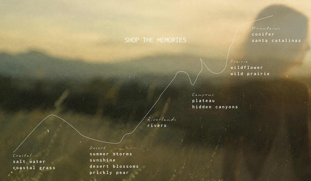 A moody, sepia-toned landscape photograph with overlaid text reading 'SHOP THE MEMORIES' and several handwritten place names and scent descriptors like 'conifer', 'wildflower', 'plateau', 'hidden canyons', 'salt water', 'coastal grass', 'desert storms', 'sunshine', 'blossoms', and 'prickly pear'.